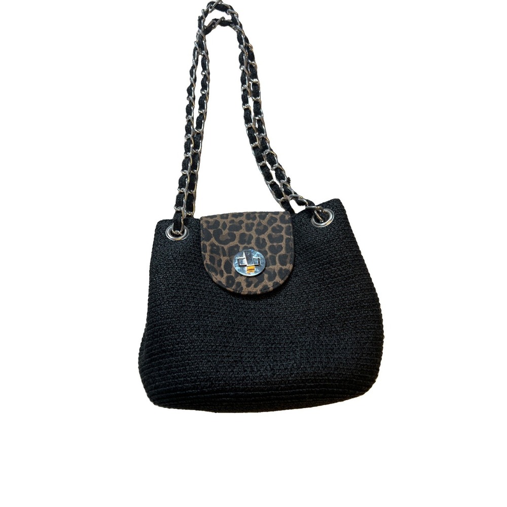 Black Woven Shoulder Bag with Silver Chain Strap, Gold Turn Lock, Leopard Print
